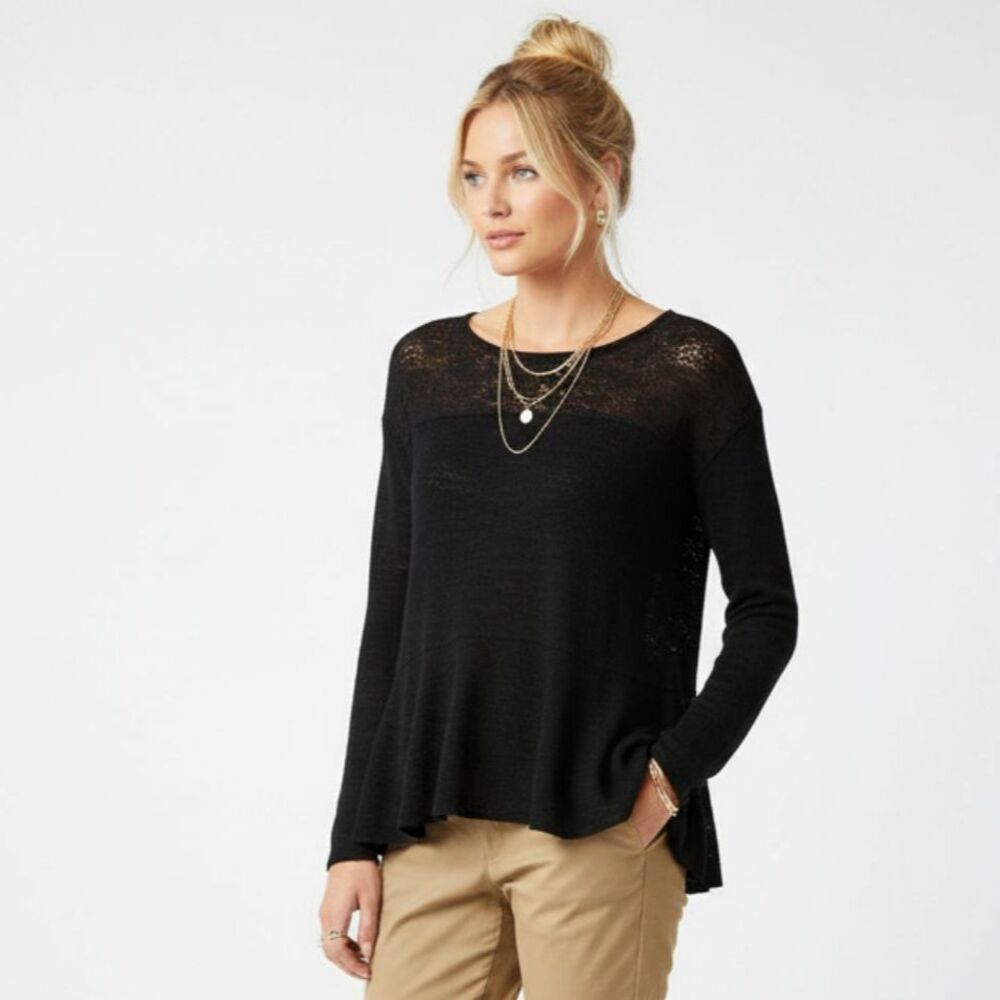 Free People Black Knit Long Sleeve Sheer Back Oversized Top Blouse XS